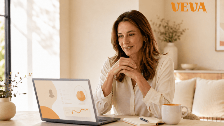 Woman at a laptop in a bright, friendly workspace with a warm beverage nearby
