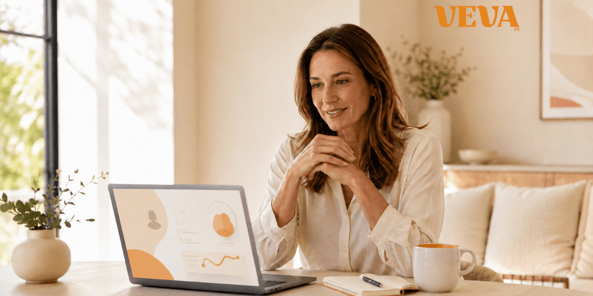 Woman at a laptop in a bright, friendly workspace with a warm beverage nearby