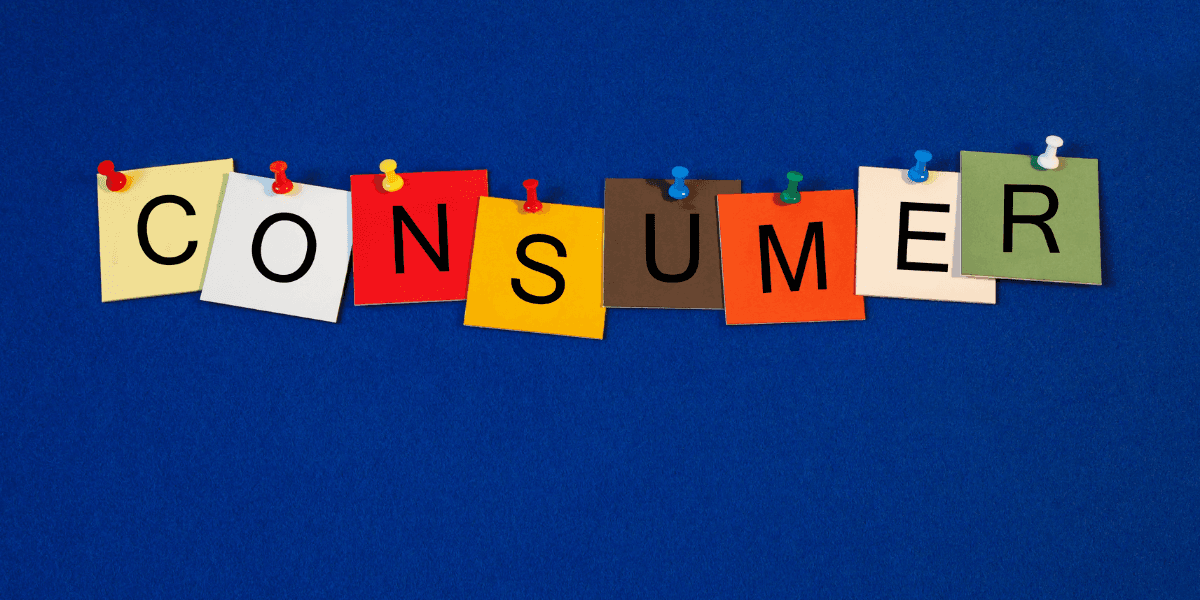 Colorful sticky notes spelling the word "CONSUMER" on a blue background
