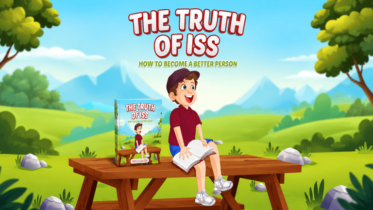 A cartoon boy sitting on a bench with a book, promoting "The Truth of ISS"