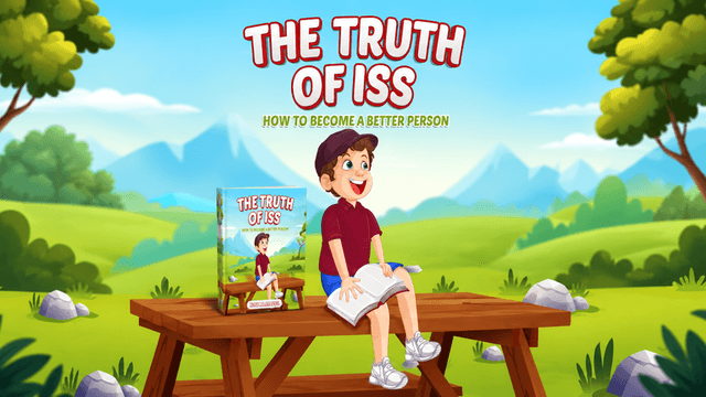 A cartoon boy sitting on a bench with a book, promoting "The Truth of ISS"