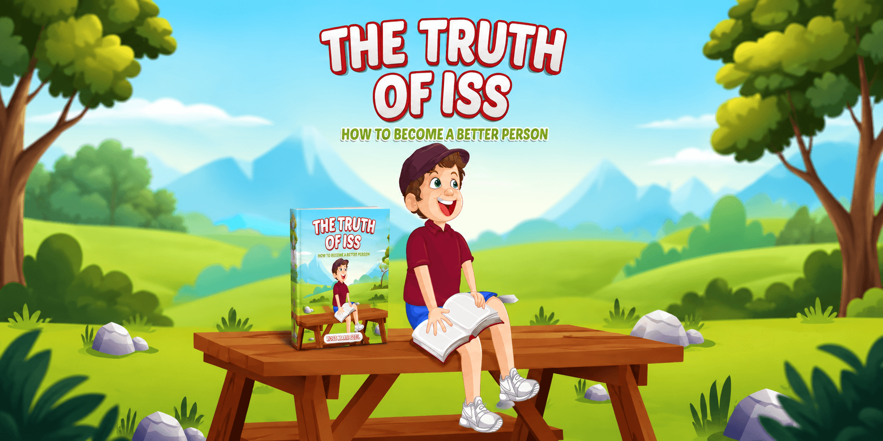 A cartoon boy sitting on a bench with a book, promoting "The Truth of ISS"