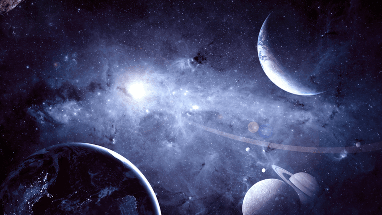 Cosmic scene featuring planets, stars, and galaxies in deep purples and blues