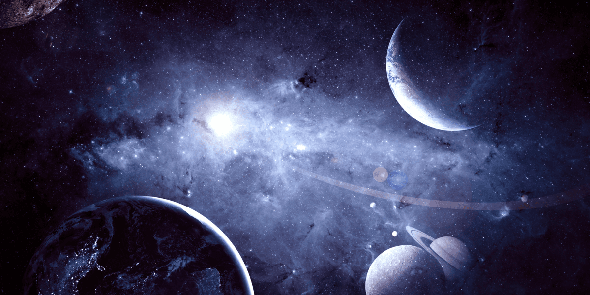 Cosmic scene featuring planets, stars, and galaxies in deep purples and blues