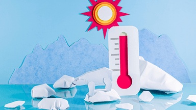 Illustration of a polar bear on melting ice beside a thermometer and sun symbol representing extreme heat.