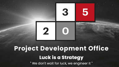 Project Development Office logo with slogan 'Luck is a Strategy' promoting Iraq Vision 2035 social entrepreneurship transformation.
