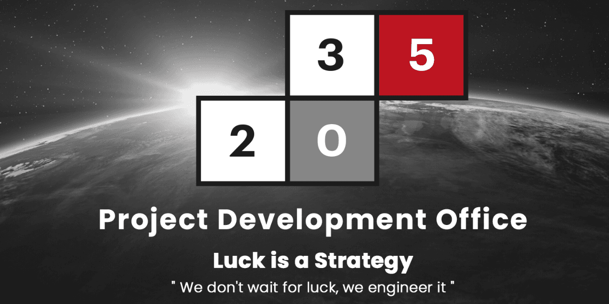 Project Development Office logo with slogan 'Luck is a Strategy' promoting Iraq Vision 2035 social entrepreneurship transformation.