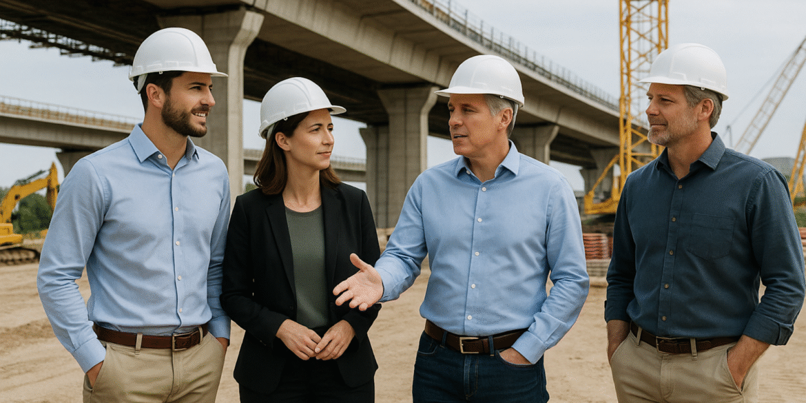 Construction professionals in hard hats discuss infrastructure project under a bridge, highlighting collaboration and expertise in building solutions.