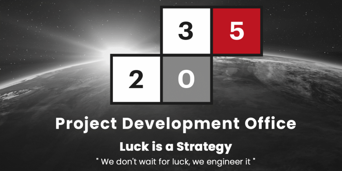 Project Development Office logo with slogan 'Luck is a Strategy' promoting Iraq Vision 2035 social entrepreneurship transformation.